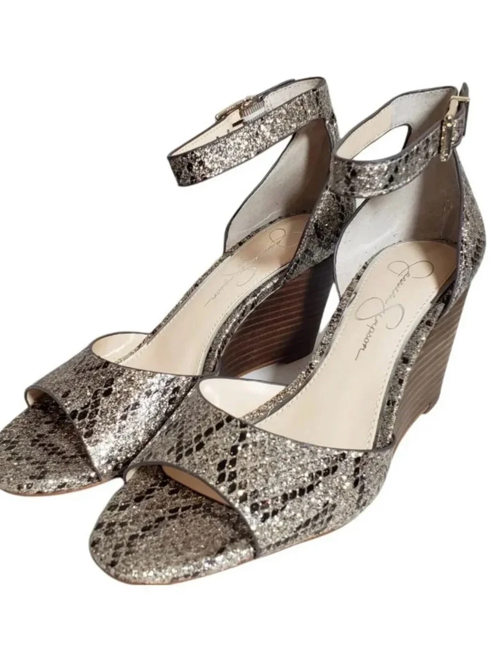 Jessica Simpson Metallic Gold Snake-Print Wedge Sandals Size 8.5